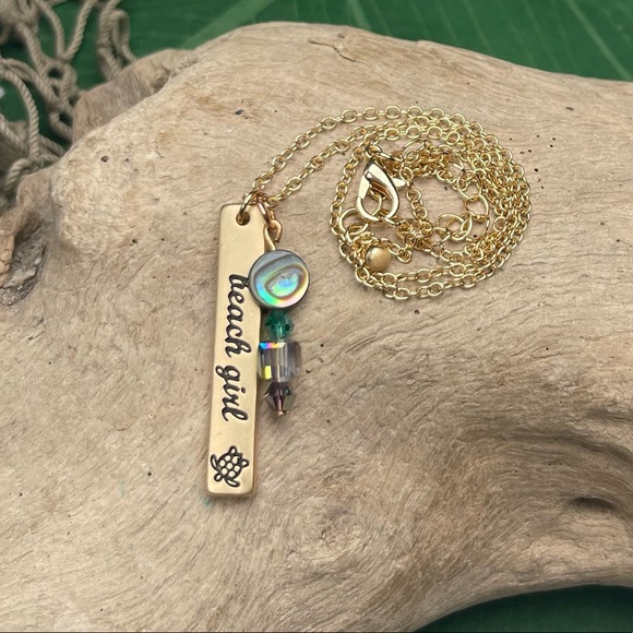Gold or Silver Stamped BEACH GIRL Pendant w Abalone Shell Crystal Beads Necklace - Picture 15 of 16